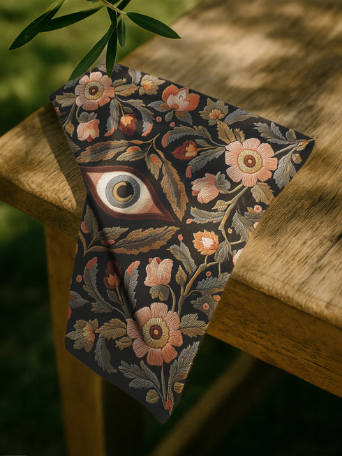 Set of four square black polyester cloth napkins featuring a central embroidered-style eye motif framed by floral and leaf patterns in autumnal tones of rust, ochre, and gold. The design is printed on one side, with a white reverse. Each napkin measures 18x18 inches.